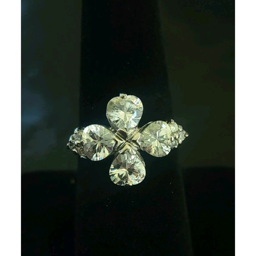 Clear Crystal Four Petal Flower Cocktail Statement Ring Silver Tone Size 8